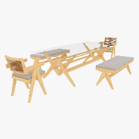 3D Cassina Jeanneret Capitol Complex Glass Table with Office Chair and Clear Bench Set